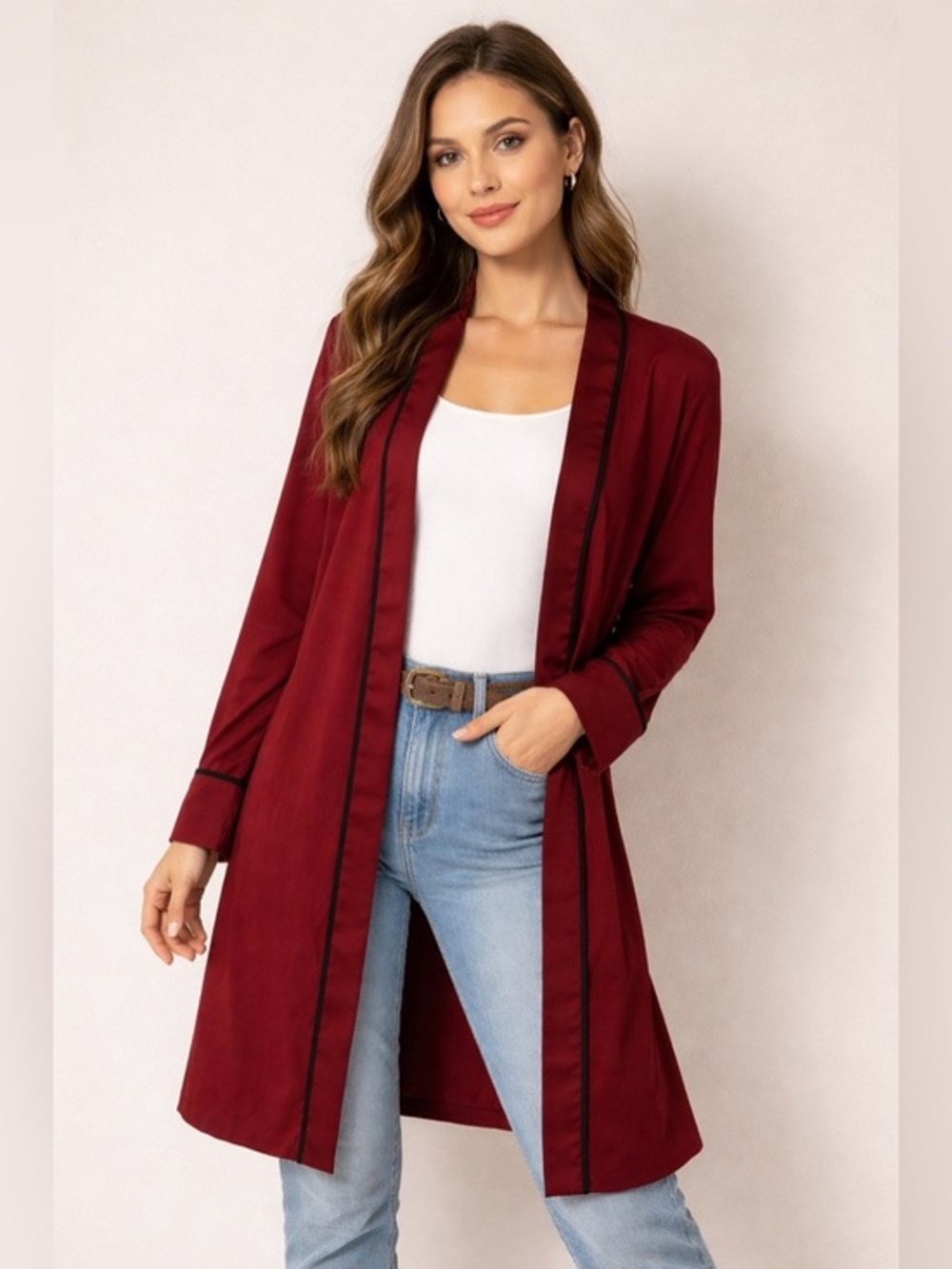 Chocolate Open Front Cardigan Burgundy Satin Trim Size M Lightweight Chic